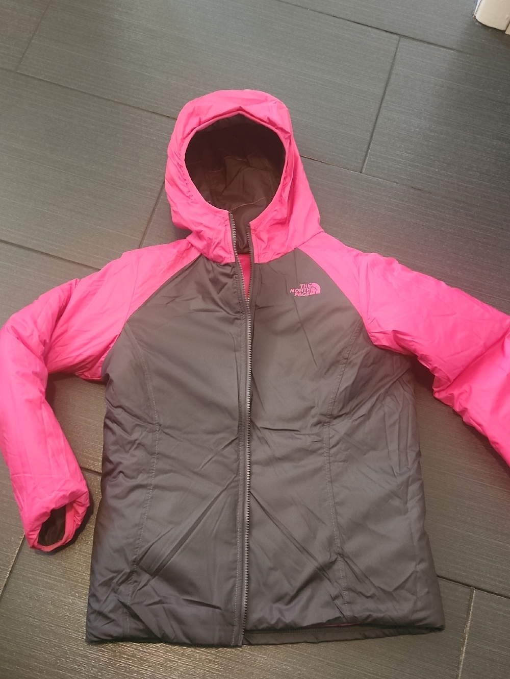 Like New The North Face Kids' Pink and Black Hooded Insulated Jacket Reversible